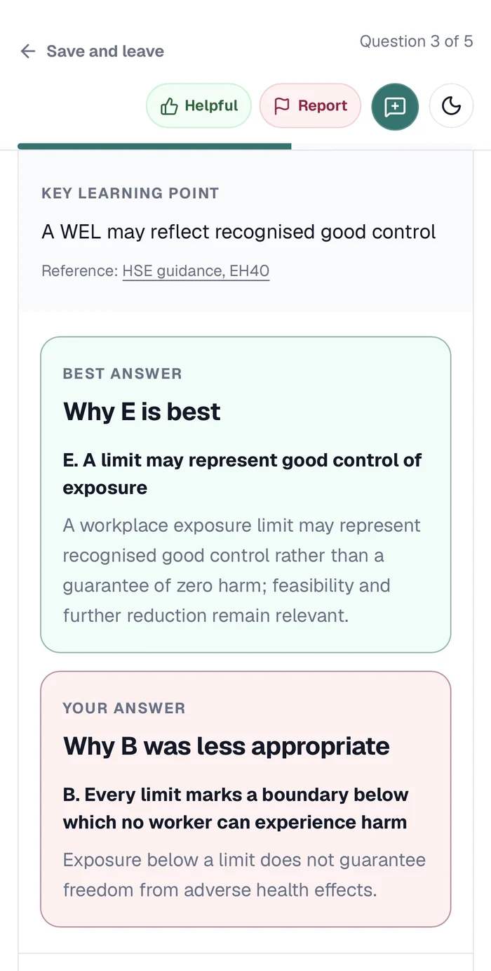 An answered question in the MCQ app: a key learning point with its HSE reference, why the best answer is right, and why the option chosen was less appropriate